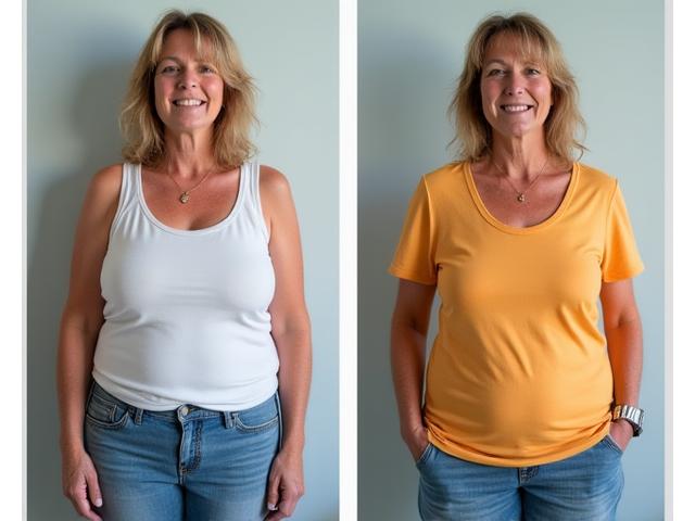 Donna sorridente prima e dopo la trasformazione fisica, con peso visibilmente ridotto
