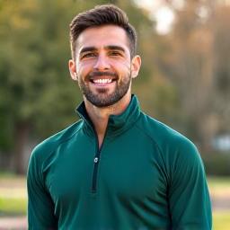 Ritratto del Dr. Stefano Romano in abbigliamento sportivo, sorridente e determinato